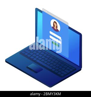 Laptop con accesso o accesso schermata modulo casella ui modello Web ui con campi nome utente e password su sfondo blu vettore isometrico disegno indicativo Illustrazione Vettoriale