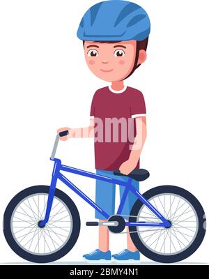 Ragazzo si alza con una bicicletta bmx. Illustrazione vettoriale bambino cartone animato in un casco in piedi accanto a una bicicletta per bambini piccoli. Sorridente ragazzo tiene un blu sport BMX Illustrazione Vettoriale