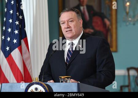 Il 17 settembre 2018, il Segretario di Stato degli Stati Uniti Michael Pompeo ha rilasciato osservazioni ai media presso il Dipartimento di Stato di Washington, D.C. Foto Stock