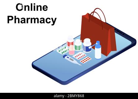Illustrazione isometrica online della farmacia. Smartphone con borsa, articoli medici, bottiglie e pillole. Concetto di pagina Web del negozio di farmaci. Purch farmacia Illustrazione Vettoriale