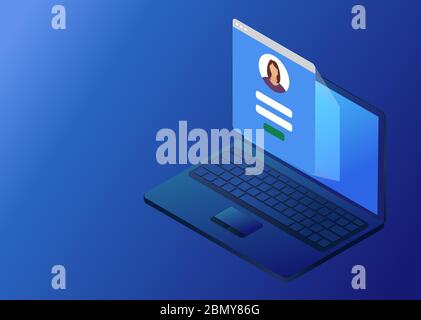 Laptop con casella di controllo della schermata di accesso o accesso. Illustrazione del disegno isometrico vettoriale su sfondo blu Illustrazione Vettoriale