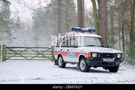 Hampshire Constabulary ha segnato auto di polizia in pattuglia nella zona di Lyndhurst della New Forest durante una caduta di neve invernale, Lyndhurst, New Forest, Hampshire, Inghilterra, Regno Unito Foto Stock