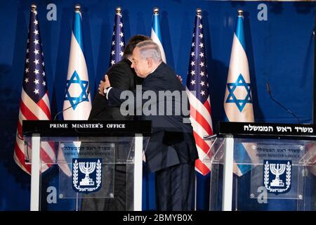 Il 21 marzo 2019, il Segretario di Stato americano Mike Pompeo e il primo ministro israeliano Benjamin Netanyahu si sono rivolti alla stampa a Gerusalemme, prima di una cena di lavoro ospitata da Netanyahu. Foto Stock