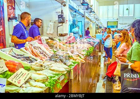 CADICE, SPAGNA - 24 SETTEMBRE 2019: Mercado Central de Abastos è il mercato centrale della città con la più alta varietà di pesce crudo e pescato Foto Stock
