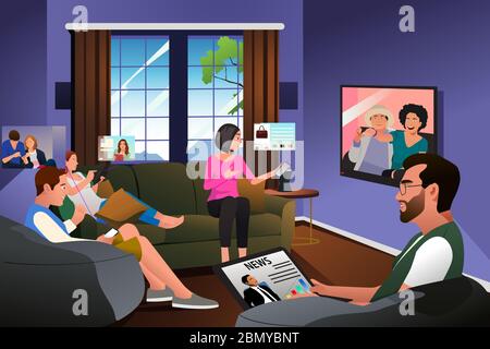 Un'illustrazione vettoriale di Family Using Technology at Home durante la quarantena Illustrazione Vettoriale