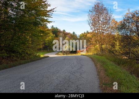 Tortuosa strada di campagna che attraversa colorati boschi autunnali al tramonto Foto Stock