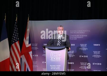 Il 23 aprile 2018, il Segretario di Stato ad interim John Sullivan ha ospitato una conferenza stampa durante la riunione dei ministri degli Esteri del G7 a Toronto, Canada. L'incontro si è concentrato sulle questioni di pace e sicurezza che interessano la comunità globale. Foto Stock