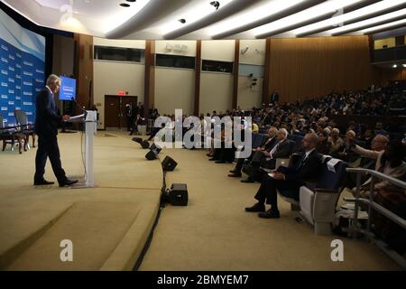 L'ex PM Blair rilascia commenti al ministeriale per far progredire la libertà religiosa l'ex primo Ministro britannico Tony Blair esprime commenti al ministeriale per far progredire la libertà religiosa al Dipartimento di Stato degli Stati Uniti a Washington D.C. il 17 luglio 2019. Foto Stock