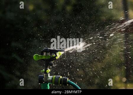 Acqua spruzzata ampiamente dal dispositivo. Sprinkler in azione. Foto Stock