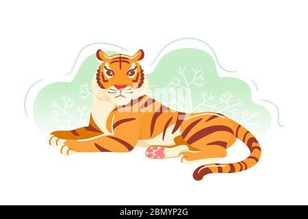 Cartolina moderna Tiger Flat. Cartoon Animal colorato illustrazione alla moda. Biglietto di auguri, banner, poster. Giungla arancione grande gatto che posa in erba vettore arte isolato su sfondo bianco. Fauna selvatica asiatica. Illustrazione Vettoriale