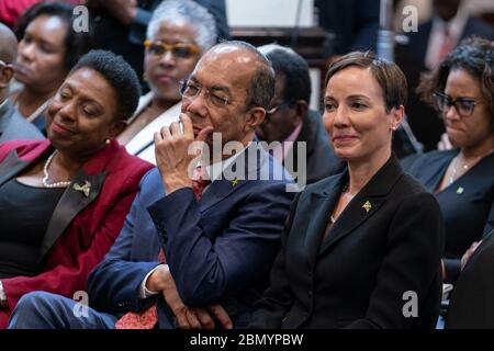 Il 23 gennaio 2020, il Segretario di Stato americano Mike Pompeo fece delle osservazioni e tenne una sessione di domande e risposte a Kingston, Giamaica, affrontando questioni diplomatiche. Foto Stock