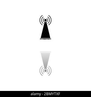 Antenna. Simbolo nero su sfondo bianco. Illustrazione semplice. Icona vettore piatto. Specchia ombra di riflessione. Può essere utilizzato in logo, Web, mobile e UI UX Illustrazione Vettoriale