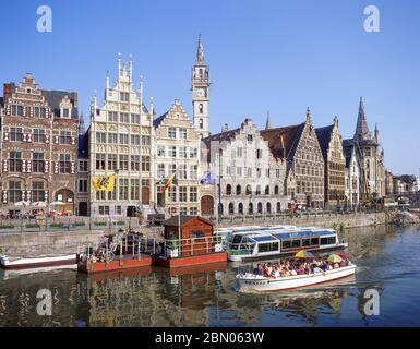 Canal Boat Quay, il Graslei, Gand (Gand), provincia delle Fiandre Orientali, Regno del Belgio Foto Stock