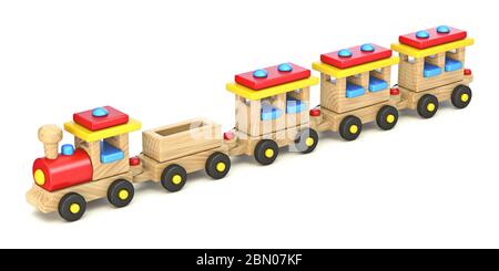 Treno in legno in linea 3D rendering illustrazione isolato su sfondo bianco Foto Stock