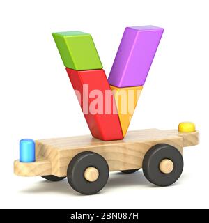 Carattere treno in legno Letter V 3D rendering illustrazione isolata su sfondo bianco Foto Stock