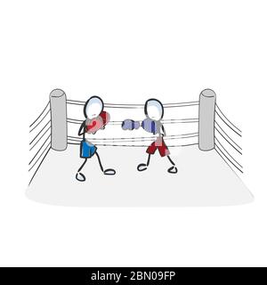 Campionato di boxe. Sport di combattimento. Lotta sul ring. Disegnato a mano. Cartoon Stickman. Schizzo a forma di dodle, illustrazione grafica vettoriale Illustrazione Vettoriale
