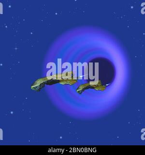 Cosmico Wormhole - due navicelle spaziali attraversano un wormhole nello spazio nel loro viaggio verso una galassia diversa nell'universo. Foto Stock