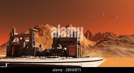 Tre navicelle voleranno vicino ad un habitat di installazione sul pianeta rosso di Marte in futuro. Foto Stock