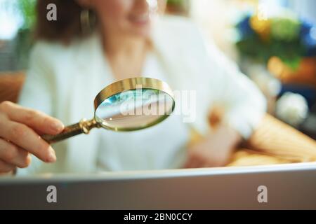Primo piano su donna con notebook utilizzando lente di ingrandimento nel soggiorno in giorno di sole. Foto Stock
