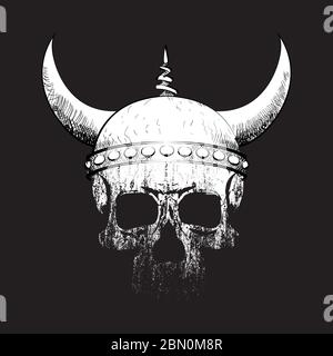 Illustrazione vettoriale per la t-shirt cranio umano con casco viking su sfondo nero Illustrazione Vettoriale