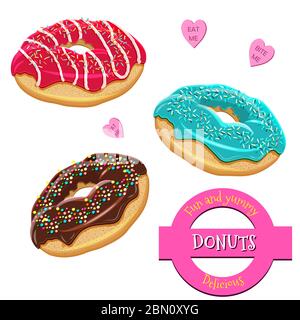 Set di ciambelle assortite. Collezione di gustose ciambelle realistiche con diversi tipi di cicalini. Ciambelle vettoriali di yummy con vari spruzzi, guarnizioni, vetri Illustrazione Vettoriale