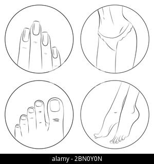 Set di icone per manicure, pedicure e vettore per la cura del corpo. Confezione da 4 icone in stile moderno e sottile. Isolato su sfondo bianco Illustrazione Vettoriale