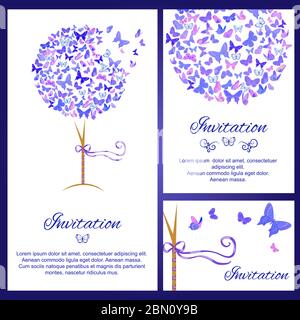Invito di nozze set con farfalle in colore blu. Semplice ed elegante invito vettoriale, modello di scheda. Spazio di copia. Perfetto come invito di nozze Illustrazione Vettoriale