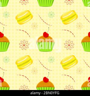 Elegante motivo vettoriale senza cuciture con cupcake di ciliegia e amaretti. Unico ed elegante sfondo del cibo senza giunture con dessert come tema principale. Cucina th Illustrazione Vettoriale
