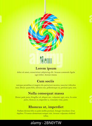 Colorato swirl lolly pop, caramella negozio banner modello. Copertina del menu estivo in stile retrò con lonlie e spazio per il testo Illustrazione Vettoriale