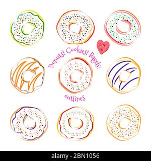 Set di vettori di contorno per ciambella. Ciambelle con diversi tipi di gicci e spruzzi. Dolci dolci dolci dolci dolci dolci biscotti ciambelle. Set di ciambelle da forno. Linea drawi Illustrazione Vettoriale