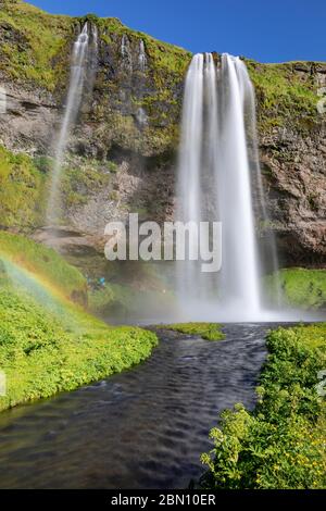 Cascata Seljalandsfoss situata nella regione meridionale dell'Islanda Foto Stock