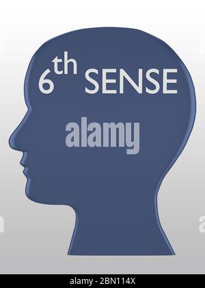 Illustrazione 3D della sagoma della testa contenente il testo sesto SENSO, isolato su gradiente grigio. Foto Stock