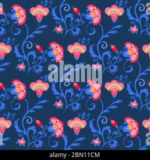 Disegno vettoriale tribale indiano senza cuciture con fiori orientali su sfondo blu Illustrazione Vettoriale