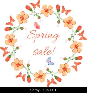 Cornice floreale, elemento di disegno wreath con farfalle. Cornice floreale semplice ed elegante in stile retrò con spazio per la copia. Isolato su sfondo bianco. Perfe Illustrazione Vettoriale