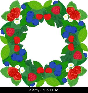 Struttura con fragole, ciliegie, mirtilli e lamponi e fiori isolati su sfondo bianco. Berry Vector cornice, wreath design con Illustrazione Vettoriale