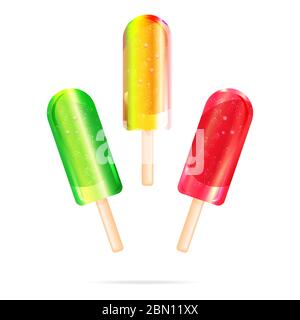Collezione, set di gelati colorati o lollies su un bastone. Gelato Vector, sorbetto set. Gelato o sorbe realistico con cartoni verdi, gialli e rossi Illustrazione Vettoriale