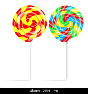 Set di lecca colorate. Caramella Lollipop su un bastone isolato su sfondo bianco, illustrazione vettoriale Illustrazione Vettoriale