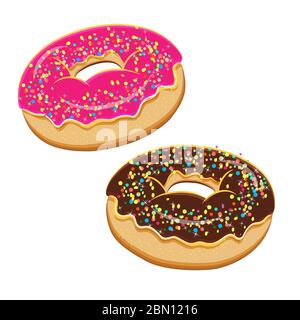 Set di ciambelle assortite. Collezione di gustose ciambelle realistiche con diversi tipi di gicchi isolati su sfondo bianco. Set di ciambelle vettoriali con varie molle Illustrazione Vettoriale