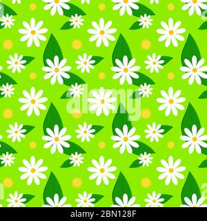 Motivo vettoriale floreale senza cuciture con margherite, dente di leone e foglie. Primavera brillante sfondo vettoriale senza cuciture con fiori Illustrazione Vettoriale