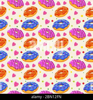 Splendido motivo vettoriale senza cuciture con ciambelle colorate con diversi vetri e spruzzi. Sfondo vettoriale senza cuciture. Abstract vintage cibo ba Illustrazione Vettoriale