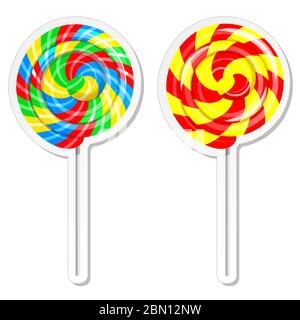 Etichetta per alimenti o set di adesivi. Set di papi dolci lolli, negozio di caramelle, negozio di dolciumi modello di design. Modello di illustrazione vettoriale isolato su ba bianco Illustrazione Vettoriale