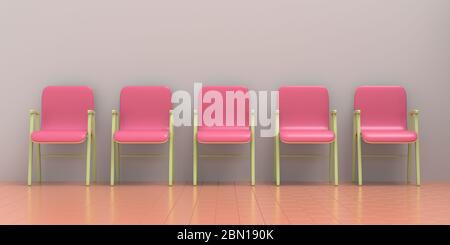 Sedie vuote di colore rosa su pavimento piastrellato e sfondo grigio parete, colori pastello interni camera, illustrazione 3d Foto Stock