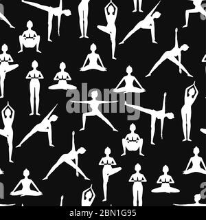 Il motivo senza cuciture con belle ragazze che fanno yoga pone silhouette bianche. Su sfondo nero Illustrazione Vettoriale