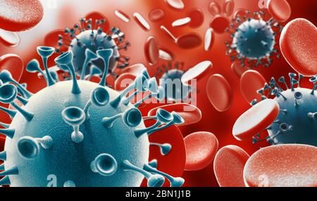 Vista microscopica del coronavirus. Cellule del virus influenzale fluttuanti. Pericoloso virus corona ncov asiatico, concetto di rischio pandemico SARS. rendering 3d Foto Stock