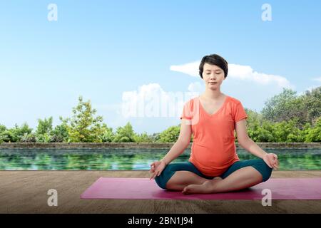 Donna asiatica incinta pratica yoga in un tappetino yoga con sfondo parco Foto Stock