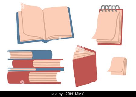 Set di libri e blocco note pila di libri vuoto libro aperto disegno vettoriale piatto isolato su sfondo bianco Illustrazione Vettoriale