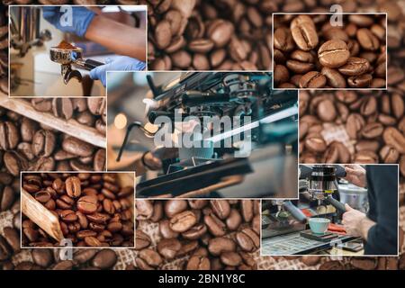 Collage di varie foto con caffè, fagioli tostati, servizio Foto Stock