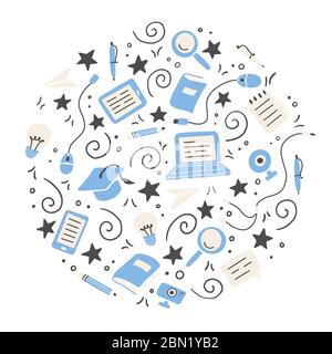 Set disegnato a mano di elementi didattici online, notebook, matita, libro. Stile di schizzo del dodle. Illustrazione vettoriale per e-learning, scienza, scuola, concetto di conoscenza. Illustrazione Vettoriale