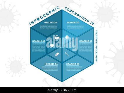 Infografica esagonale design per il concetto di coronavirus per uso medico. Illustrazione vettoriale. Illustrazione Vettoriale