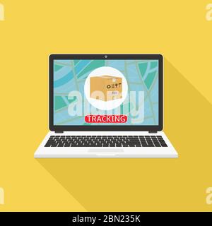 Sito Web di tracciamento dei pacchi sullo schermo del notebook. Monitoraggio dei pacchetti online. Disegno vettoriale piatto Illustrazione Vettoriale